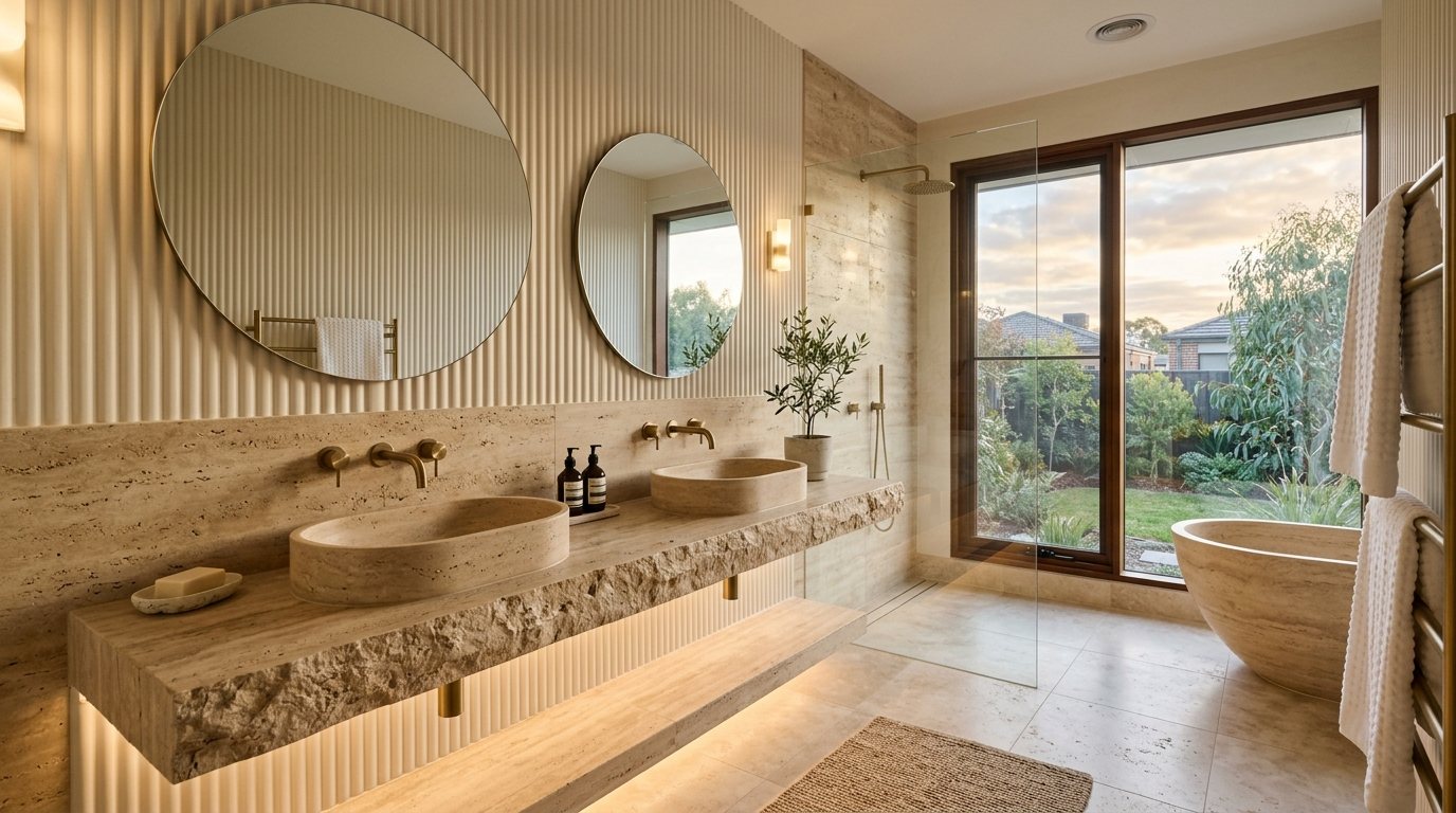 Bathroom with a travertine vanity and freestanding stone bath