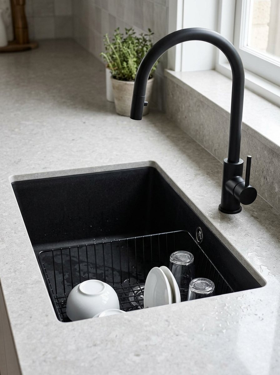 Undermount black sink in a light stone benchtop