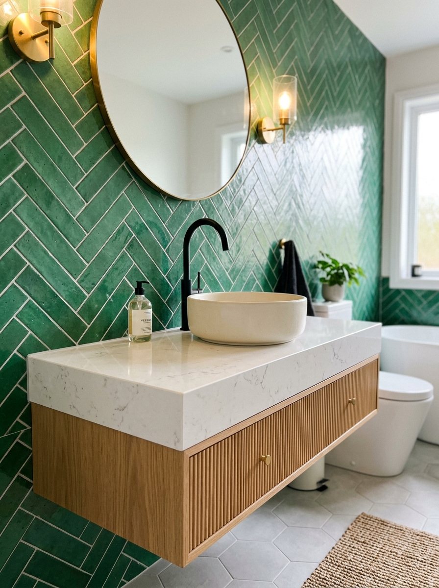 Floating vanity with a thick stone top against green herringbone tiles